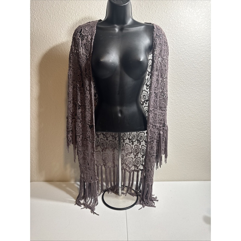 Gimmicks BKE Silk Sequin Tank Lace Fringe Kimono Small Festival Whimsigoth BOHO - Picture 7 of 16